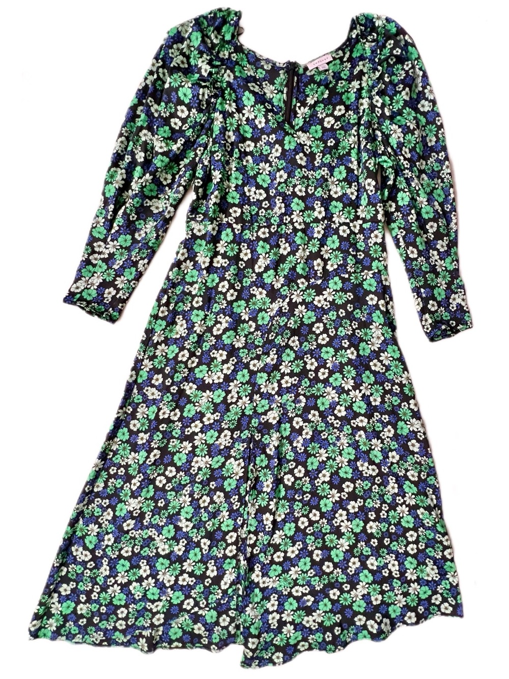 TopShop green satin long sleeves maxi floral dress US 12 UK 16